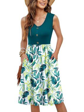 Women's Yellow Green Leaf Summer Sleeveless Loose Swing Button Down Sundress
